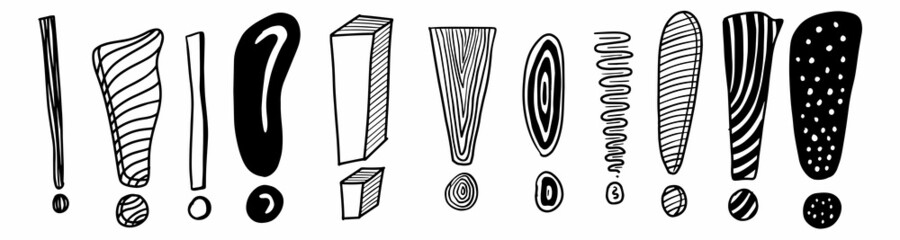 Set of hand drawn exclamation mark doodles on white background isolated, cartoon vector typography,