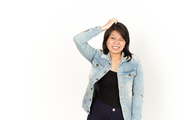 Confused of Beautiful Asian Woman Wearing Jeans Jacket and black shirt Isolated On White Background