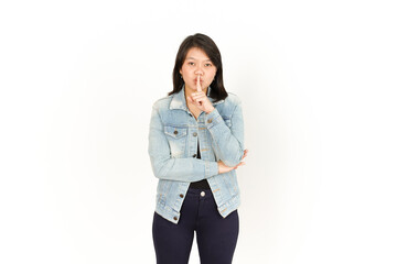 Shh be quiet  of Beautiful Asian Woman Wearing Jeans Jacket and black shirt Isolated On White Background