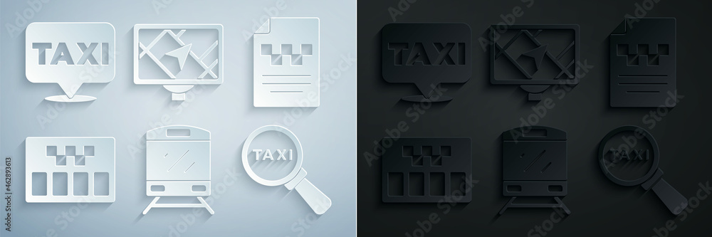 Wall mural Set Train, Taxi driver license, Taximeter, Magnifying glass and taxi car, Gps device with map and Location icon. Vector