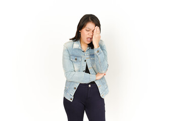 Headache of Beautiful Asian Woman Wearing Jeans Jacket and black shirt Isolated On White Background