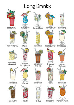 Collection set of popular classic long highball cocktails Gin and Tonic, Bloody Mary, Screwdriver, Tequila Sunrise, Paloma, Zombie, Cuba Libre etc. A4 A3 international paper size picture for posters