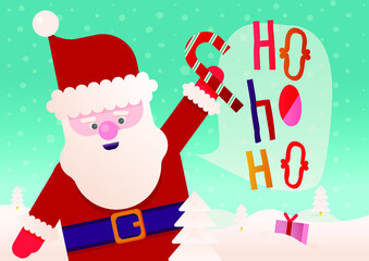 Happy New Year Greeting Card with Cheerful Santa Claus with Candy on Beautiful Snow Covered Landscape.