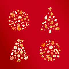 Fototapeta na wymiar Set of Creative Christmas Balls and Trees Silhouette Made of Gingerbread Cookies on Red Background. Modern Flat Vector Illustration. Design Template.
