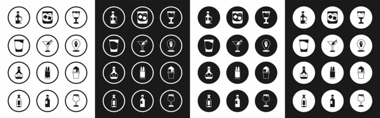 Set Wine glass, Martini, Shot, bottle with, Alcohol or beer bar location, Glass of whiskey, and Bottle cognac brandy icon. Vector