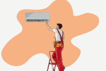 Service and repair of air conditioners. The repairman on the background of a properly functioning air conditioner. illustration in cartoon style