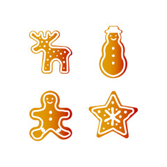 Set of Different Christmas Gingerbread Cookies. Modern Flat Vector Illustrations. Gingerbread Man, Deer, Snowman, Star with Decoration.