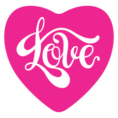 Pink heart icon logo graphic with negative inverse Love hand lettering written drawn calligraphy style cut out. SVG file