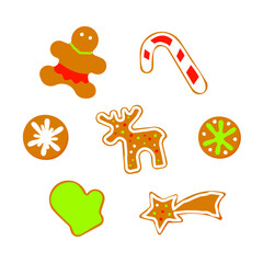 Set of Christmas Gingerbread Cookies. Modern Flat Vector Illustrations. Gingerbread Circle, Deer, Man, Starburst, Candy with Color Decoration.