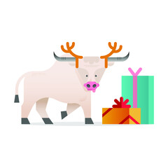 Christmas Icons with Flat Cute Bull with Deer Horns and Gifts Isolated on White Background. Happy New Year and Merry Christmas Stickers.