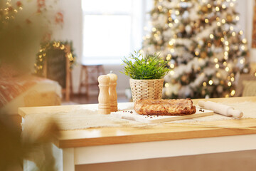 making a pie. Festive dinner. Christmas treat. The cook prepares pastries