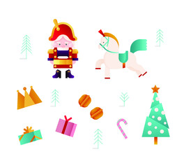 Fototapeta na wymiar Vector Set Illustrations of Flat Cute Nutcracker, Toy Horse, Walnuts, Crown, Gifts, Candy, Christmas Tree Isolated on White Background. Funny Stickers. Winter tale. Happy New Year and Merry Christmas.
