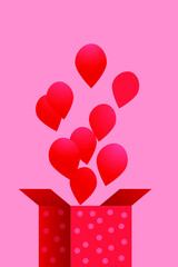 Modern Flat Vector Concept Illustrations. Social Media Ads with Open Box with Balloons on Pink Background. Celebration. Poster Concept. Web Banner.