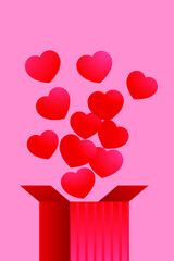 Modern Flat Vector Concept Illustrations. Social Media Ads with Open Box with Heart Shape Balloons on Pink Background. Celebration. Poster Concept. Web Banner.