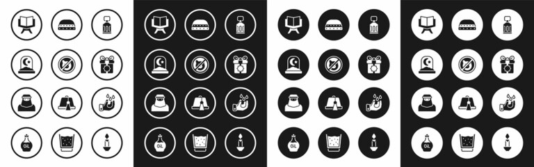 Fototapeta premium Set Ramadan Kareem lantern, No pig, Muslim cemetery, Holy book of Koran, Gift box, hat for prayer, Wudhu and woman in niqab icon. Vector