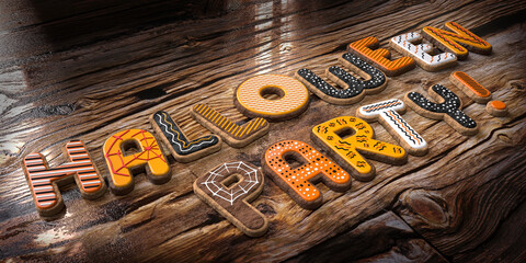 Halloween party! Cookies on wooden background - 3D illustration