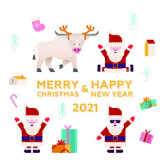 Set of Christmas Icons with Flat Cute Santa Claus and Bull. Happy New Year and Merry Christmas 2021 Stickers. Presents, Gifts, Christmas Tree, Buildings, Candy, Christmas Sock.