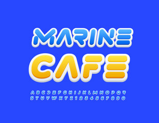 Vector colorful Banner Marine Cafe. Trendy Blue Font. Artistic Alphabet Letters and Numbers set