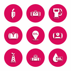 Fototapeta premium Set Refill petrol fuel location, Metallic pipes and valve, Oil drop, Gas tank for vehicle, rig, Petrol gas station and Gasoline pump nozzle icon. Vector