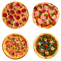 Set of different pizzas isolated on white background