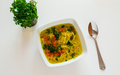 broth with noodles, decorated with parsley and carrots, chicken noodle soup