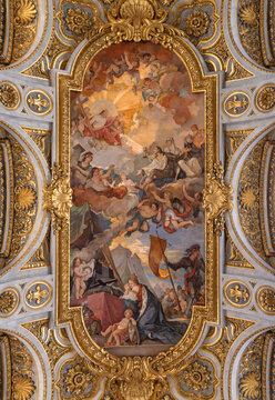 ROME, ITALY - SEPTEMBER 1, 2021: The Apotheosis of St Louis fresco in church Chiesa di San Luigi dei Francesi -  1756 by Charles Joseph Natoire (He is famous for his paintings at Versailles )