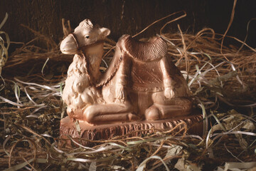 Nativity scene. Isolated figures with rustic background