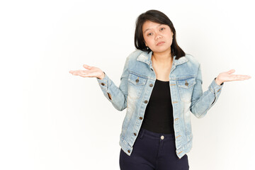 Doubt Confused Gesture of Beautiful Asian Woman Wearing Jeans Jacket and black shirt Isolated On White Background