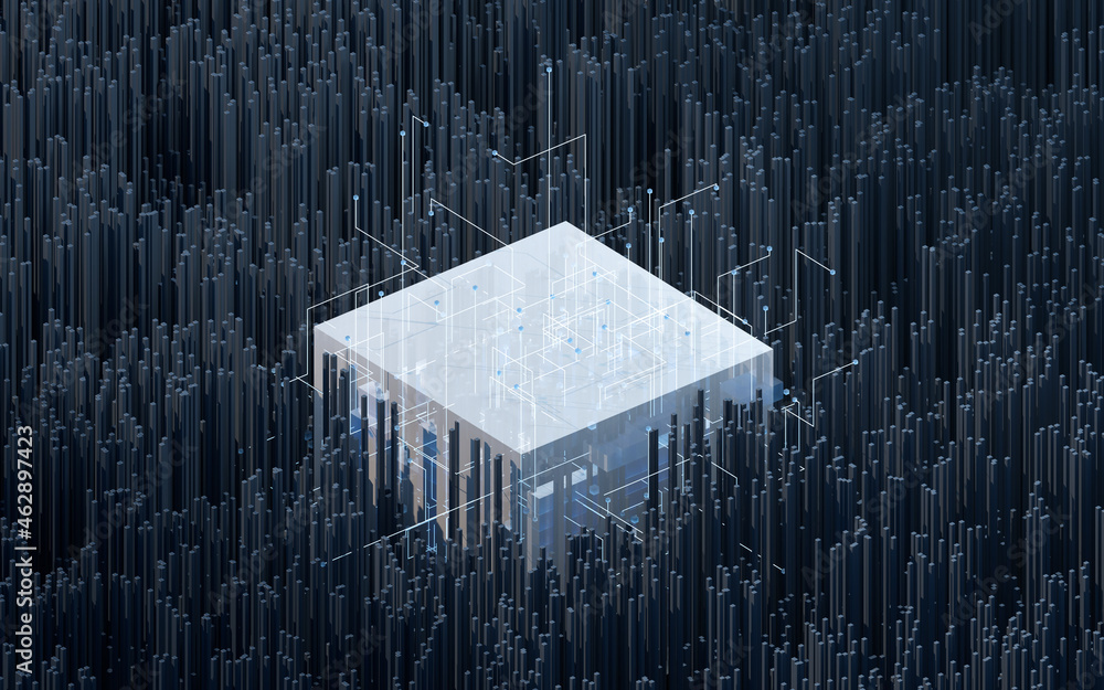 Poster blocks and circuits, materials science and technology, 3d rendering.