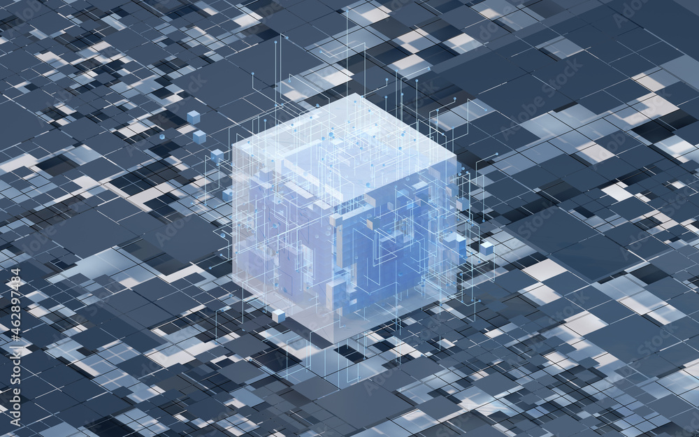 Poster blocks and circuits, materials science and technology, 3d rendering.