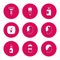 Set Baldness, Shaving brush, Hairstyle for men, Oil bottle, Broken hair follicle, Bottle of shampoo and razor icon. Vector