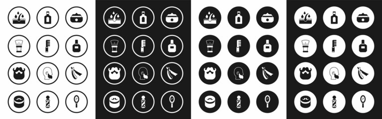 Fototapeta premium Set Gel or wax for hair styling, Hairbrush, Shaving, Oil care treatment, Aftershave, Bottle of shampoo, Straight razor and Mustache and beard icon. Vector