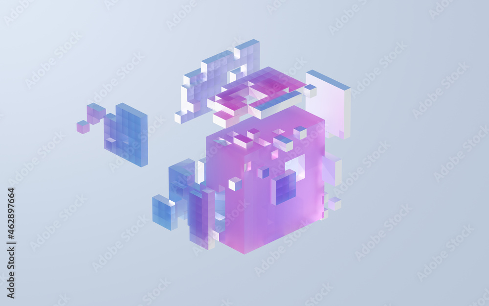 Poster translucent gradients cubes and materials, 3d rendering.