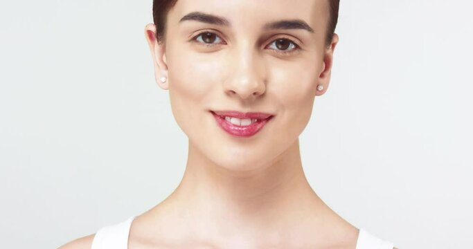Close up camera moves with the look of beautiful caucasian female model with perfect skin. Skin care concept for women.