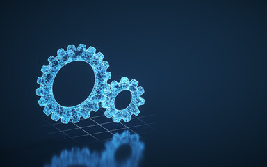 Meshing mechanical gears, metallic parts, 3d rendering.