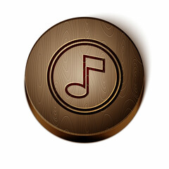 Brown line Music note, tone icon isolated on white background. Wooden circle button. Vector