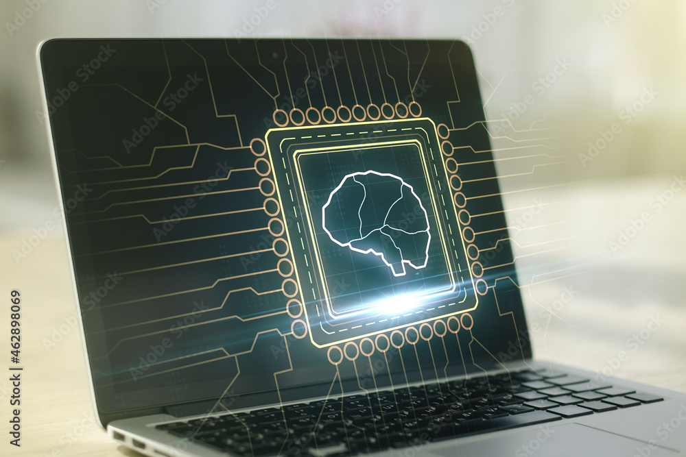 Poster double exposure of creative artificial intelligence symbol with modern laptop on background. neural 