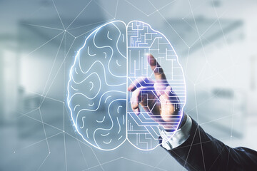Double exposure of man hand working with creative human brain microcircuit hologram on blurred office background. Future technology and AI concept