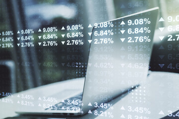 Multi exposure of abstract graphic data spreadsheet sketch on modern computer background, analytics and analysis concept