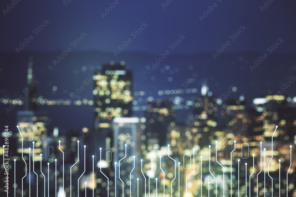 Poster double exposure of abstract virtual circuit hologram on blurry cityscape background. research and de