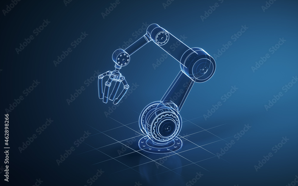 Poster robotic arm with blue background, 3d rendering.