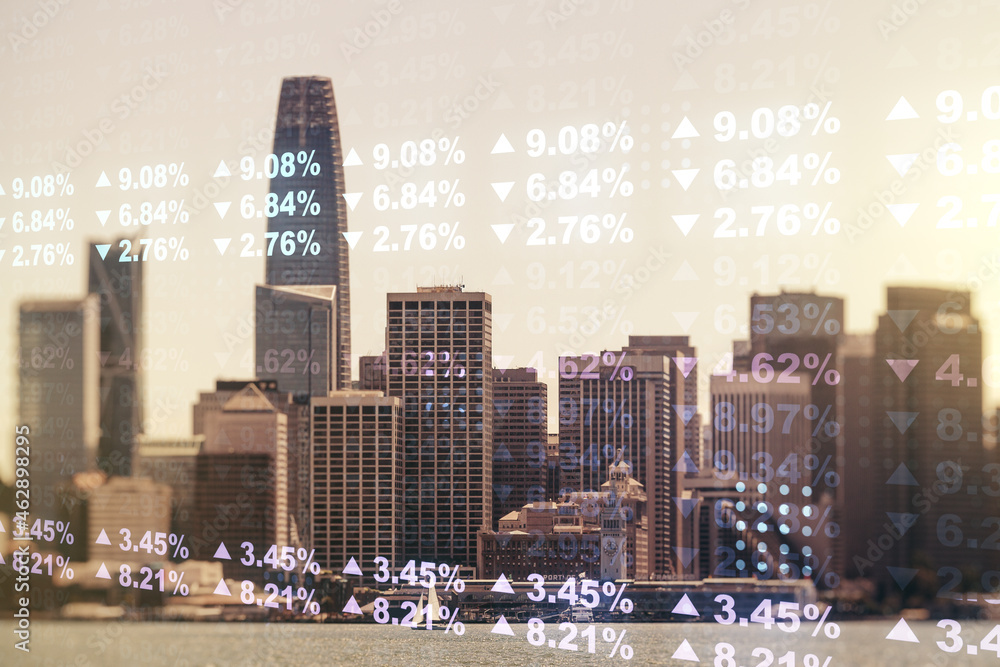 Poster multi exposure of abstract statistics data hologram interface on san francisco office buildings back