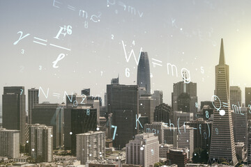 Scientific formula hologram on San Francisco office buildings background, research concept. Multiexposure