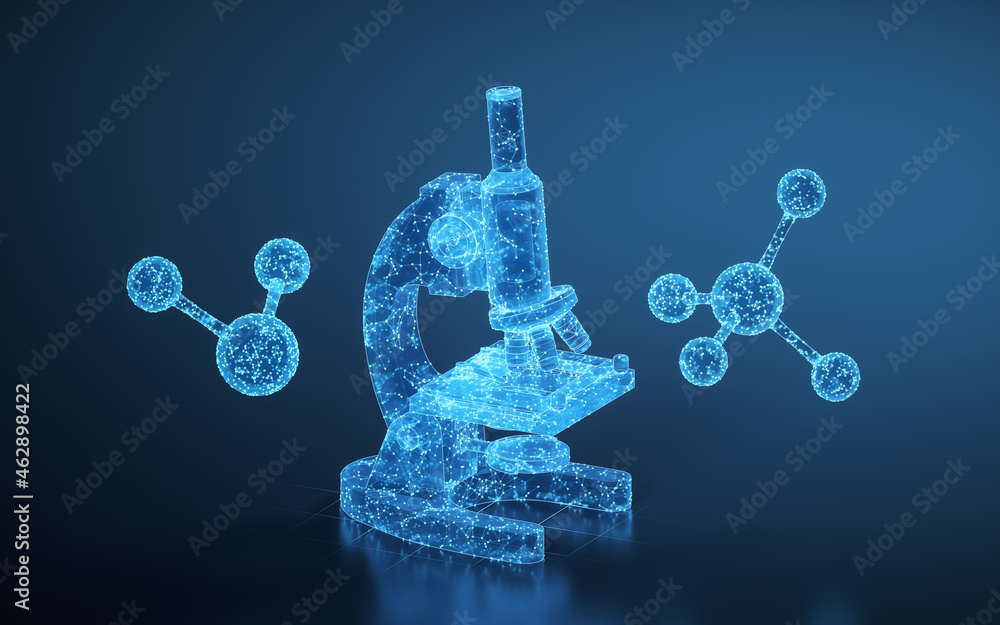 Aufkleber glassware and microscope in the laboratory, 3d rendering.