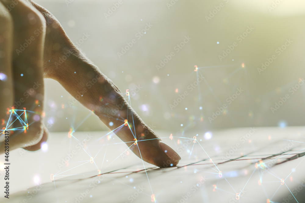 Aufkleber creative abstract wireless technology hologram and hands typing on computer keyboard on background, 