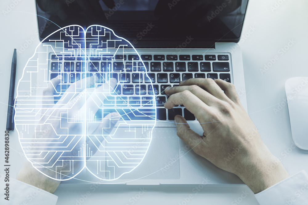 Poster double exposure of creative artificial intelligence symbol with hands typing on laptop on background
