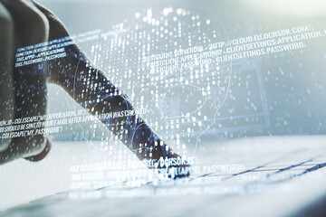 Creative code skull sketch and hands typing on computer keyboard on background, theft of personal data and malware concept. Multiexposure