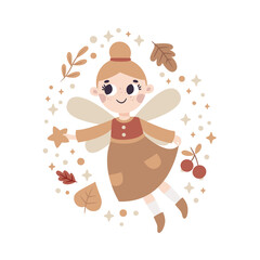 Cute vector magic illustration with tooth fairy character, autumn leaves, berries, branches, plants, bubble, wings, stars