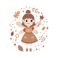 Cute vector magic illustration with tooth fairy character, autumn leaves, berries, branches, plants, bubble, wings, stars