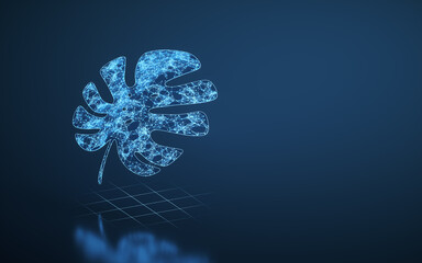 Monstera and blue glowing lines with blue background, 3d rendering.